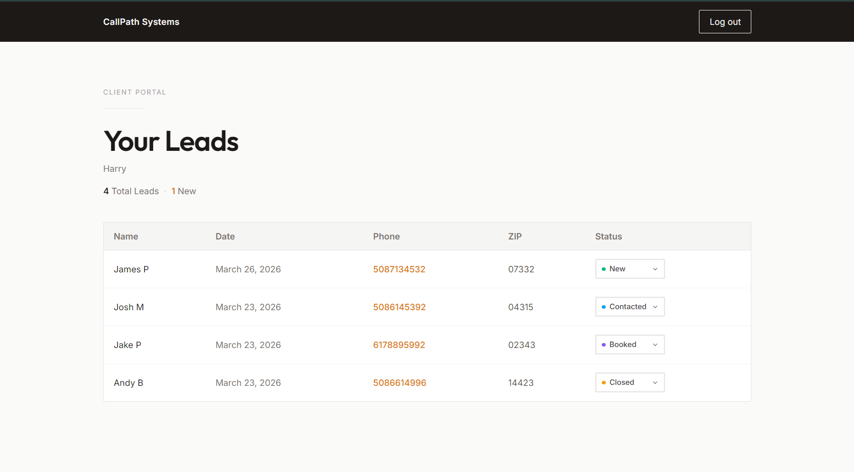 CallPath client portal dashboard showing lead list and status tracking